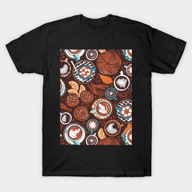 Love hugs in coffee mugs // pattern // expresso brown background lagoon orange and aqua cups and plates autumn leaves delicious cinnamon buns and cakes coffee stains and beans T-Shirt by SelmaCardoso